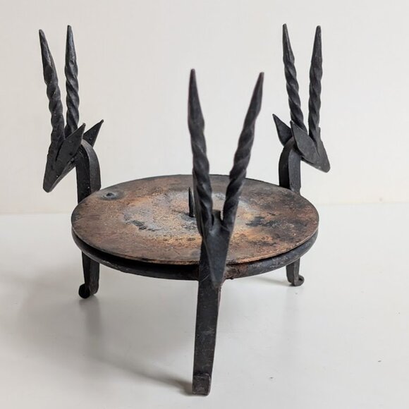 Vtg Hand Forged Wrought Iron Antelope Gazelle Heads Tripod Candle Holder - Picture 2 of 8